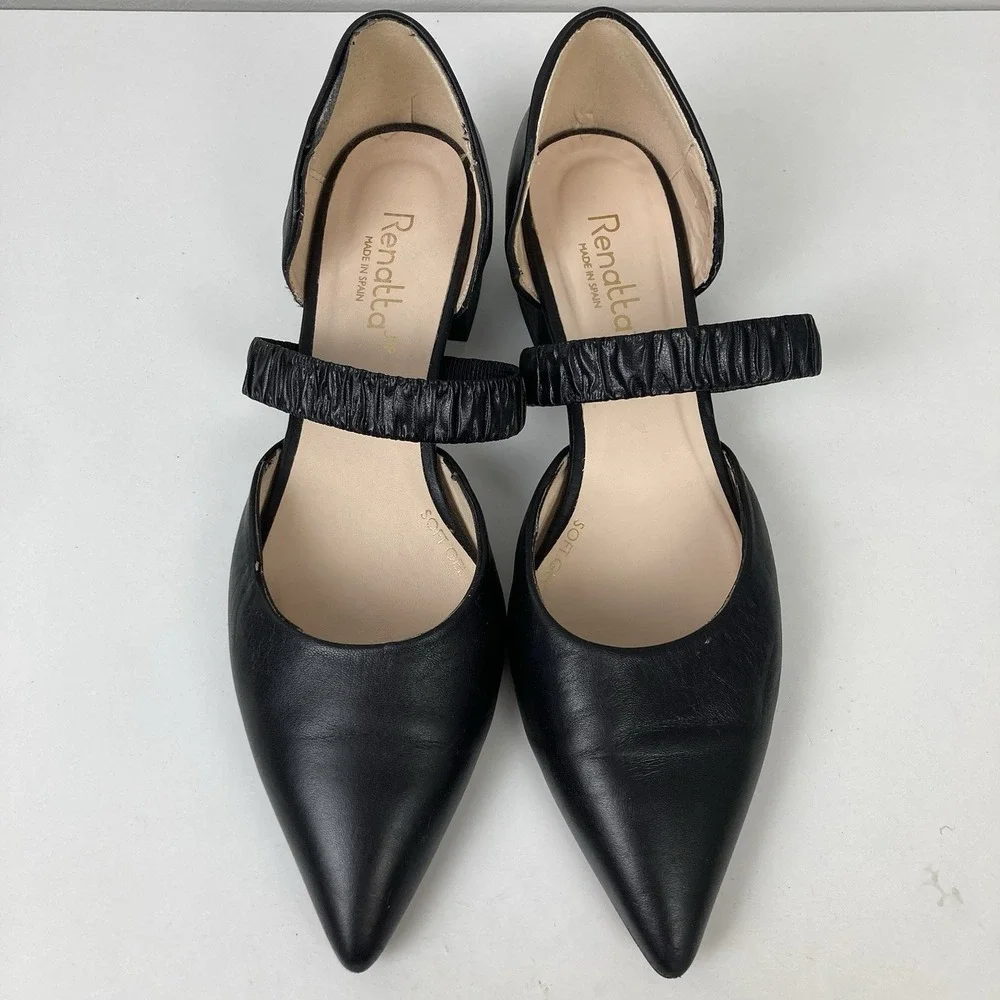 Renatta Jop Spain‎ Black Leather D'Orsay Pumps Pointed Toe Low Block Heel EU 42
